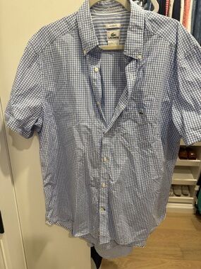 Lacoste Light Blue Gingham Short-Sleeve Button-Down Shirt